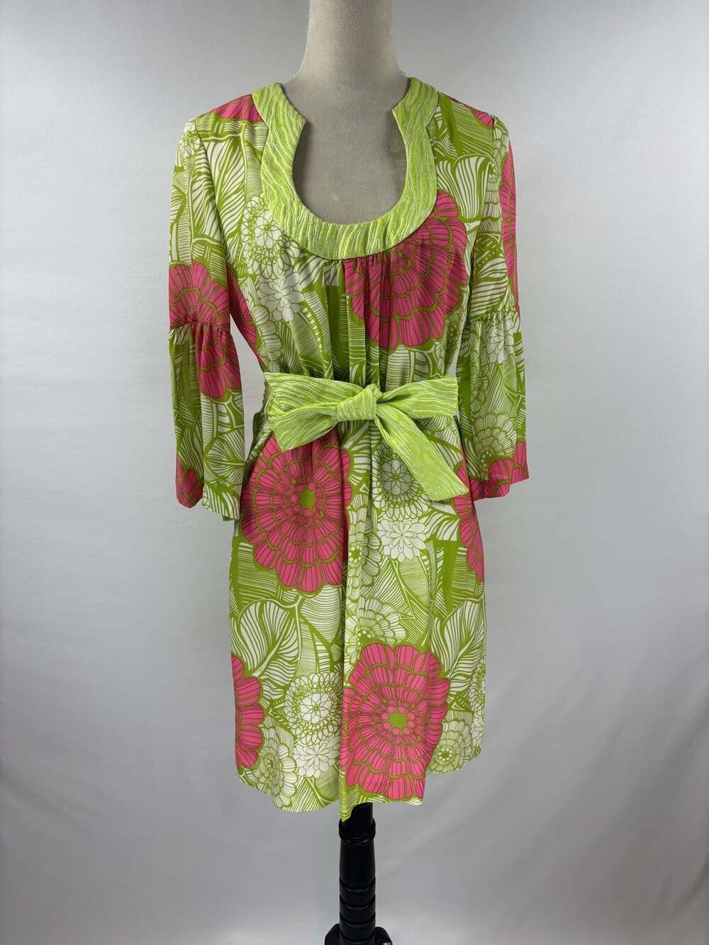 Trina Turk Bonita Silk Dress Green White Pink Floral Print 4 Belted Midi Retro